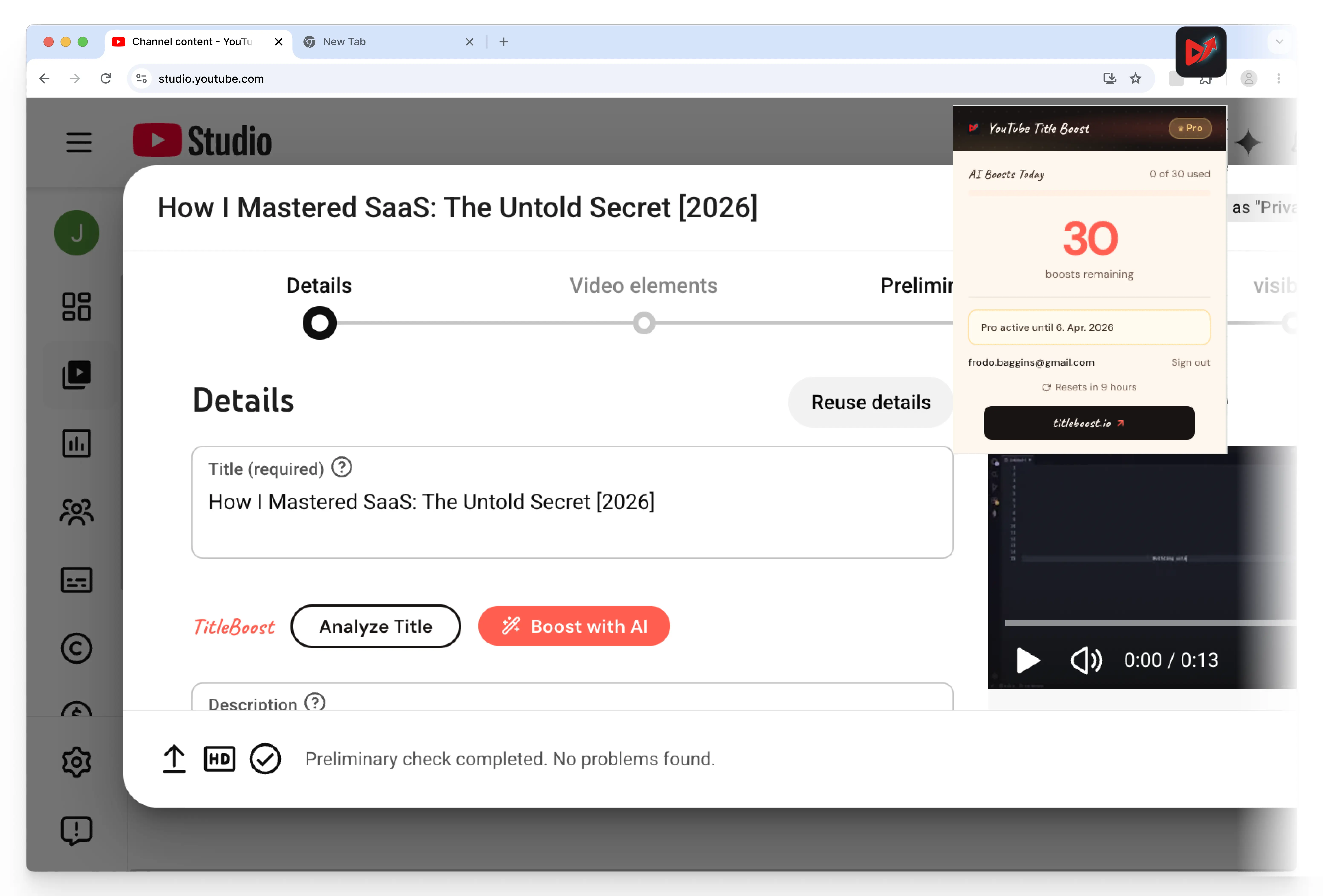 Title Boost extension preview on a YouTube upload page